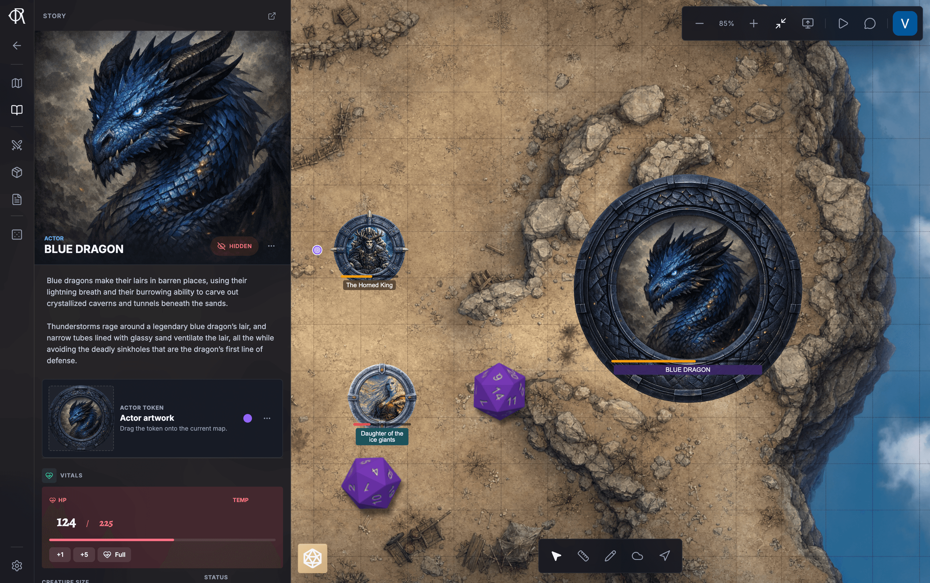 One Realm live table with its campaign sidebar, actor details, map controls, and tokens